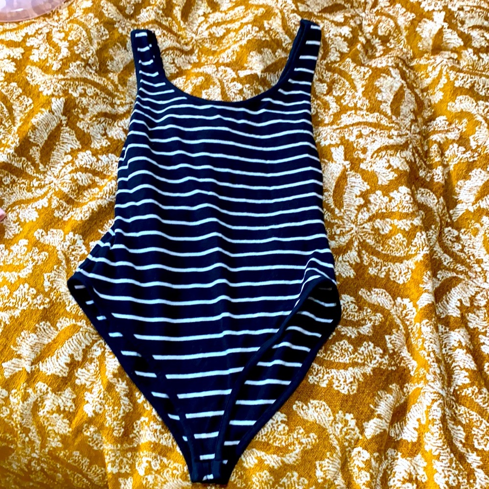 Forever 21 navy blue (almost looks black) striped body suit with snaps sz S